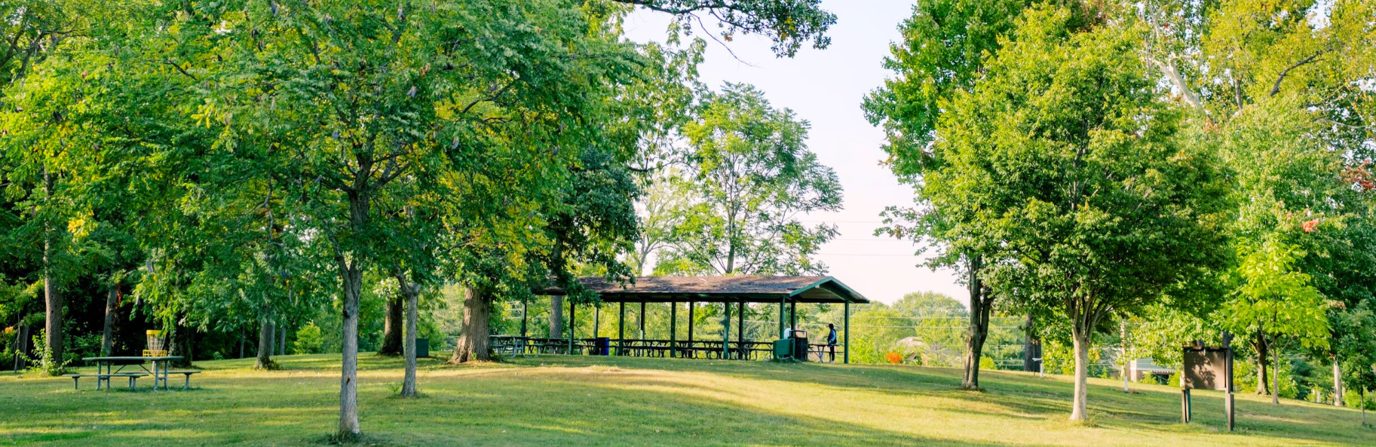 park with a picnic shelter, trees, and greenspace on a small hill